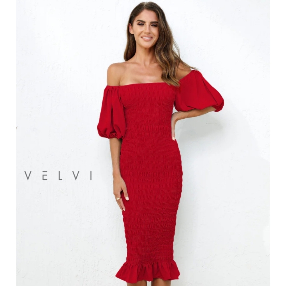 Skyla Shirred Midi Dress in Red by Velvi